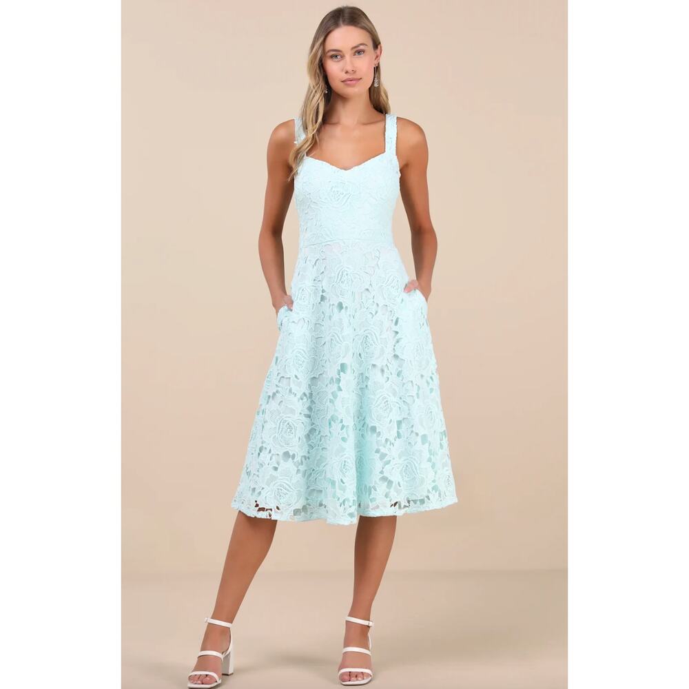 Lulus Divine Beauty Mint Blue Lace Midi Dress With Pockets Cocktail Large NWT